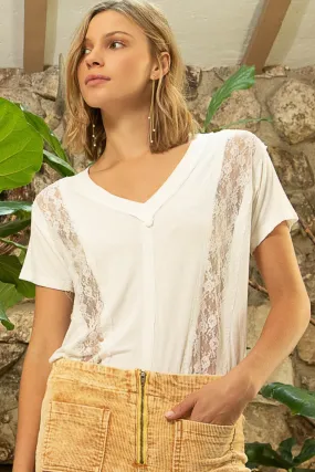 Agnes - Lace Short Sleeve V-Neck T-Shirt - Ivory - Exclusively Online