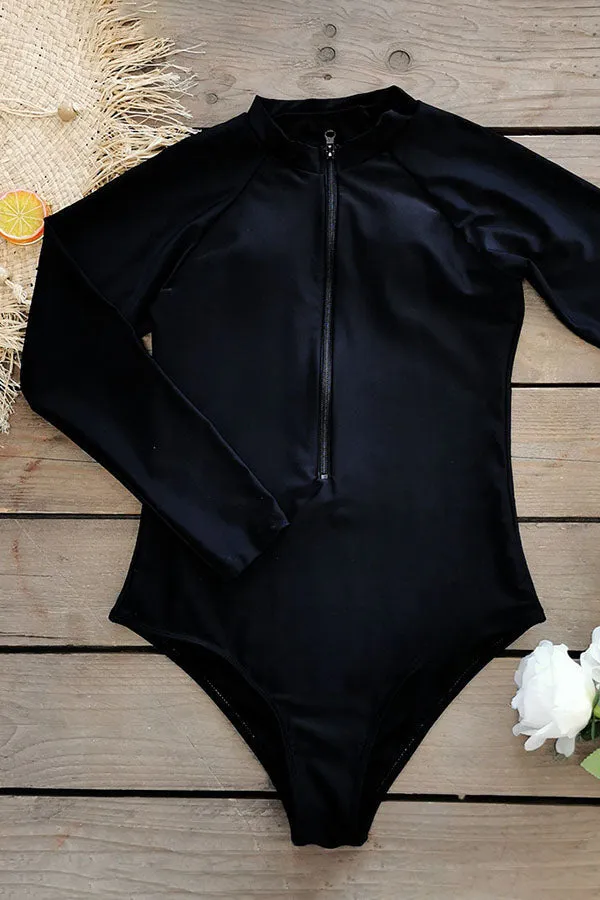 Black Plain Front Zip Long Sleeve UPF50  Rash Guard