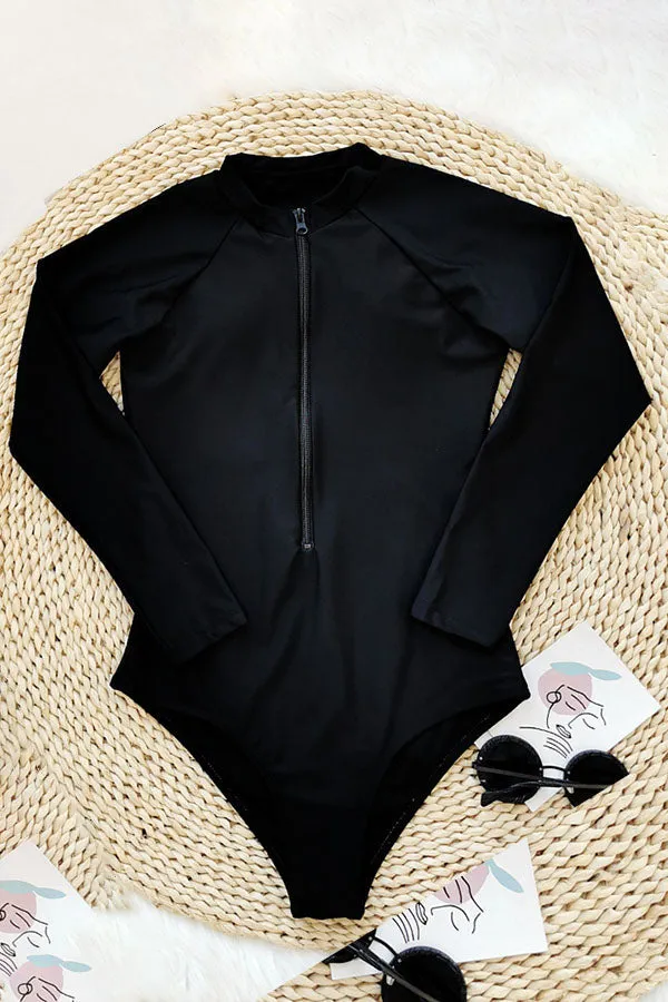 Black Plain Front Zip Long Sleeve UPF50  Rash Guard