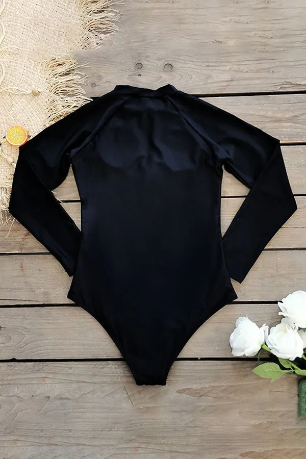 Black Plain Front Zip Long Sleeve UPF50  Rash Guard