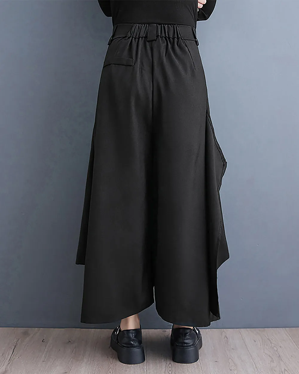 ellazhu Women's Pants Button Down Solid Black Baggy Loose Oversize Two Side Pockets Flowy Hem GZ267