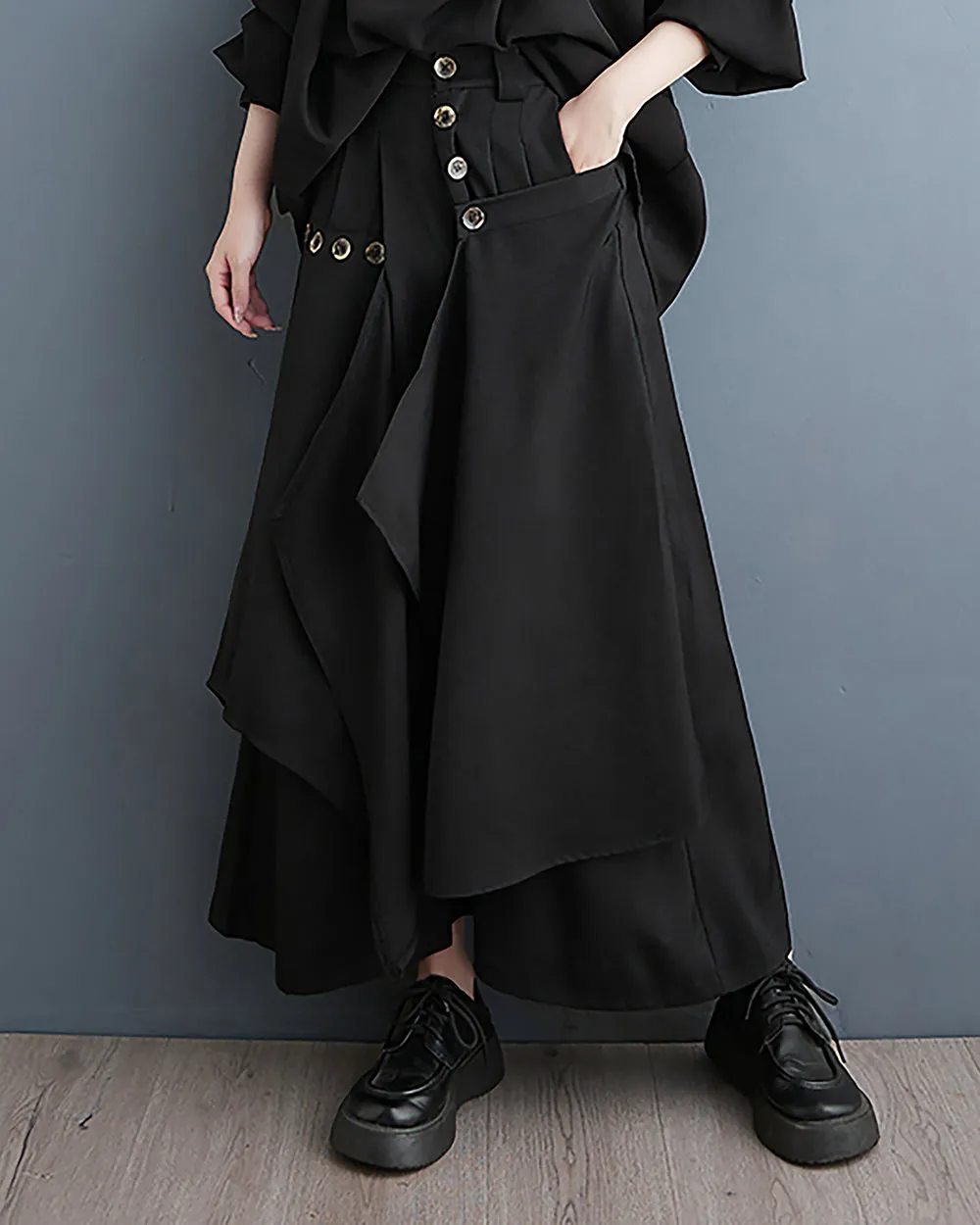 ellazhu Women's Pants Button Down Solid Black Baggy Loose Oversize Two Side Pockets Flowy Hem GZ267