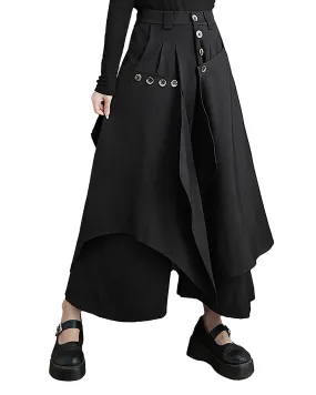 ellazhu Women's Pants Button Down Solid Black Baggy Loose Oversize Two Side Pockets Flowy Hem GZ267