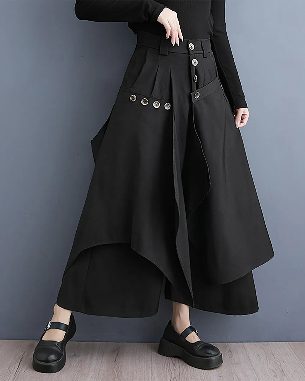 ellazhu Women's Pants Button Down Solid Black Baggy Loose Oversize Two Side Pockets Flowy Hem GZ267