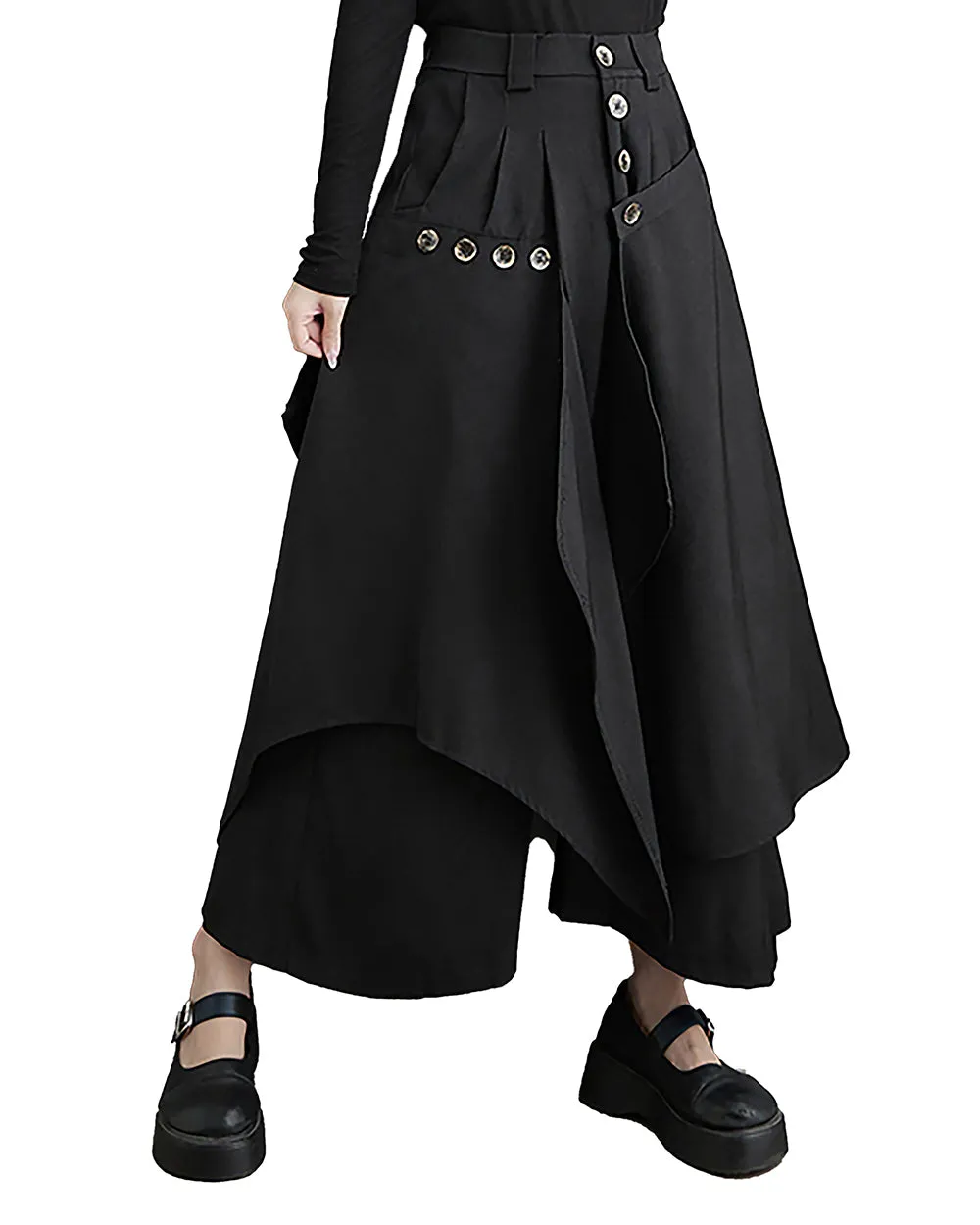 ellazhu Women's Pants Button Down Solid Black Baggy Loose Oversize Two Side Pockets Flowy Hem GZ267