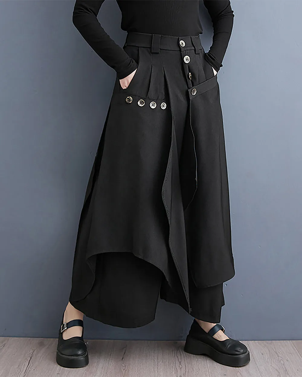 ellazhu Women's Pants Button Down Solid Black Baggy Loose Oversize Two Side Pockets Flowy Hem GZ267