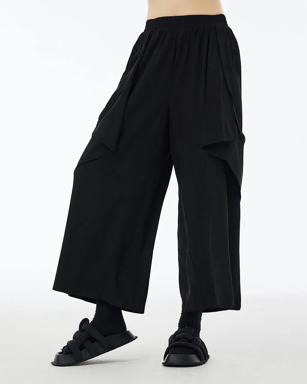 ellazhu Women's Pants Casual Oversize Loose Solid Color Patchwork Two Side Pockets Wide Legs Trouser GE13