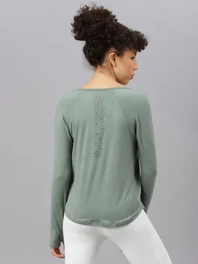 Fitkin women's green round neck back laser cut design full sleeves t-shirt