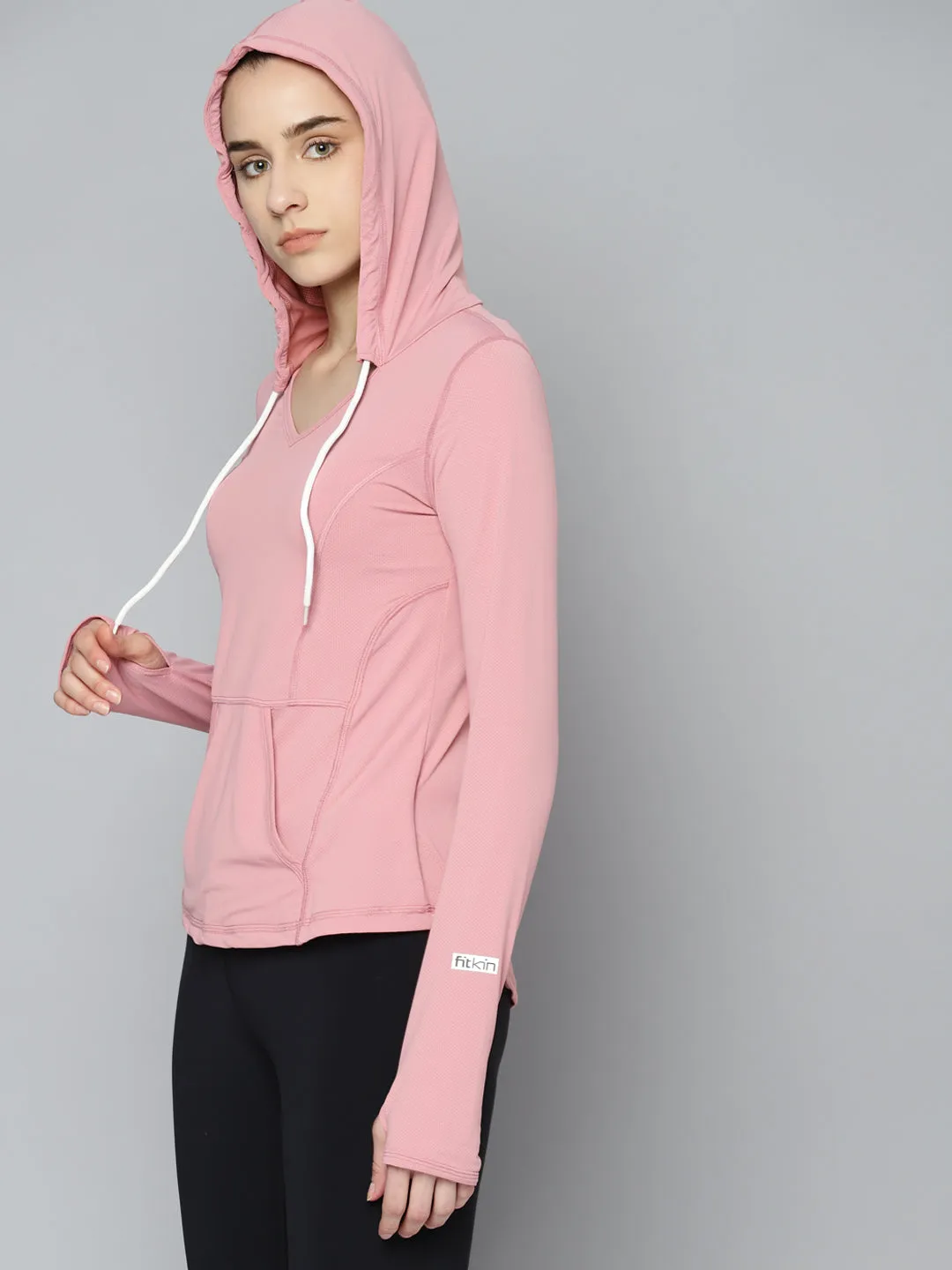 Fitkin Women's Pink Self Design Training  Hooded T-shirt