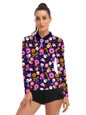 Halloween Chic Skull and Floral Quarter-Zip Long-Sleeve Polo Tops for Ladies