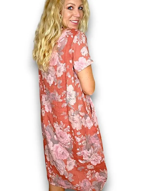 JUNGLE DRESS LINEN SCARLETT ROSE BRICK