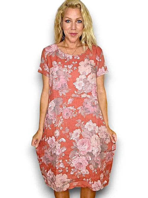 JUNGLE DRESS LINEN SCARLETT ROSE BRICK
