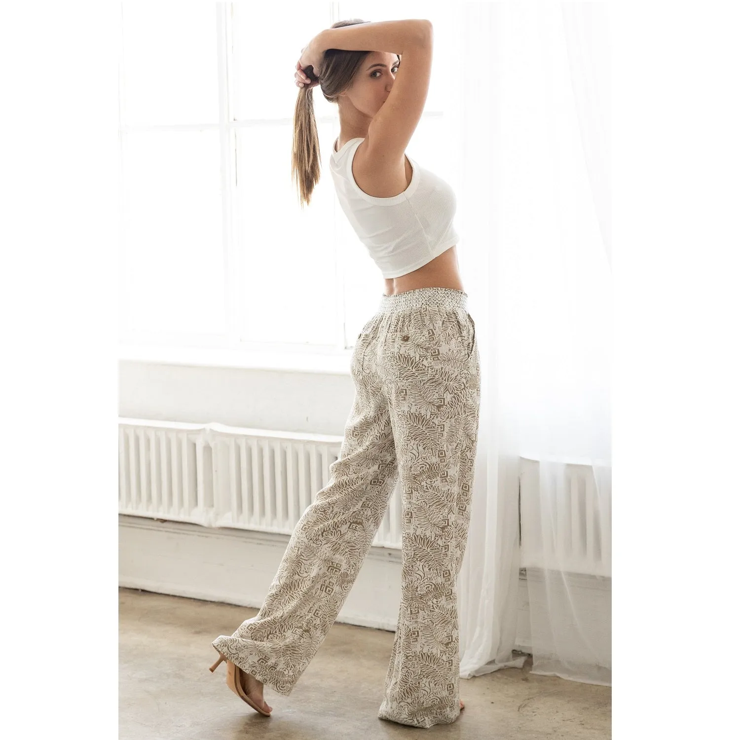 Linen Pants Drawstring Smocked Waist Printed Beach Pants - Taupe White