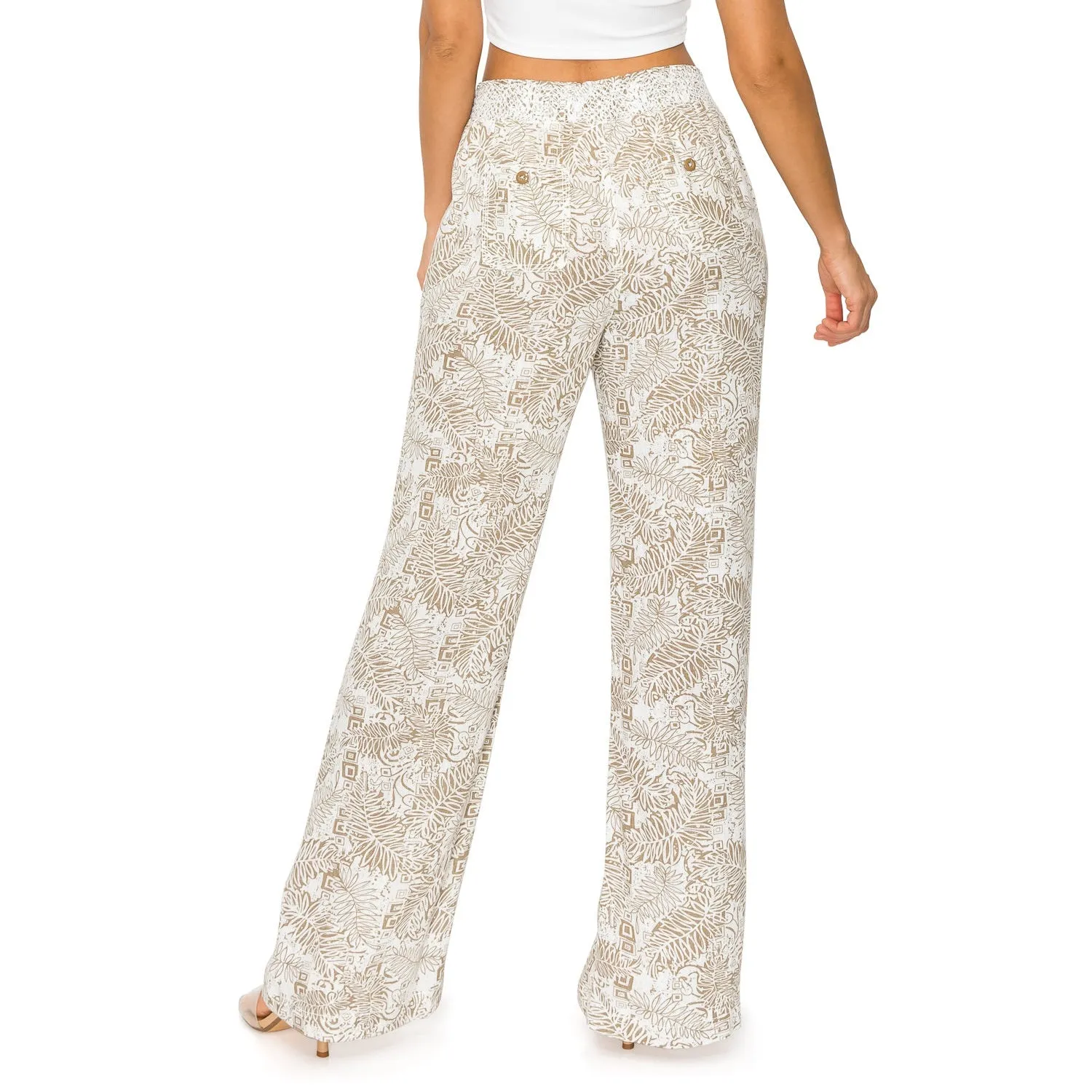 Linen Pants Drawstring Smocked Waist Printed Beach Pants - Taupe White