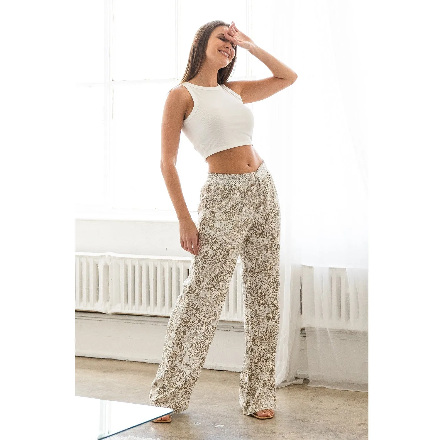 Linen Pants Drawstring Smocked Waist Printed Beach Pants - Taupe White