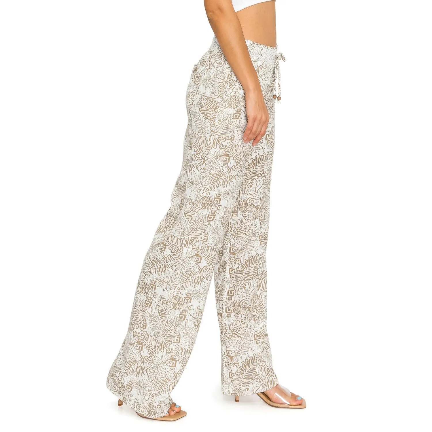 Linen Pants Drawstring Smocked Waist Printed Beach Pants - Taupe White