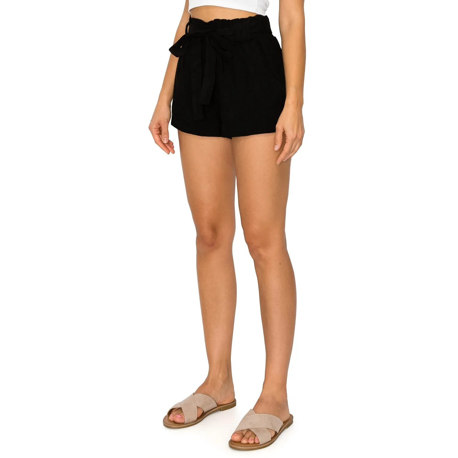 Paper Bag Waist with Self Tie Belt Linen Shorts - Black