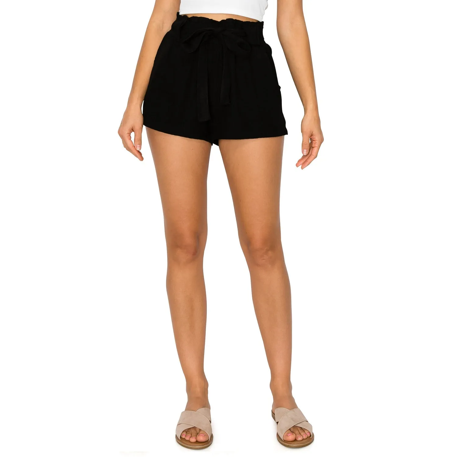 Paper Bag Waist with Self Tie Belt Linen Shorts - Black