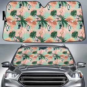 Parrots And Flamingo Monstera Leaf Over Orange Leopard Skin Pattern Car Sun Shades Cover Auto Windshield Coolspod