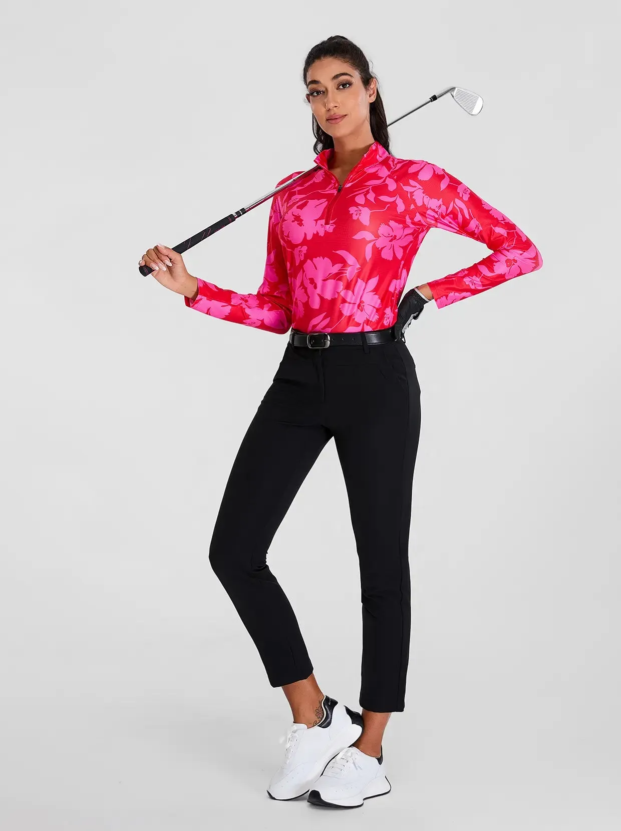 Pink Floral Quarter-zip Long-sleeve Shirt for Women