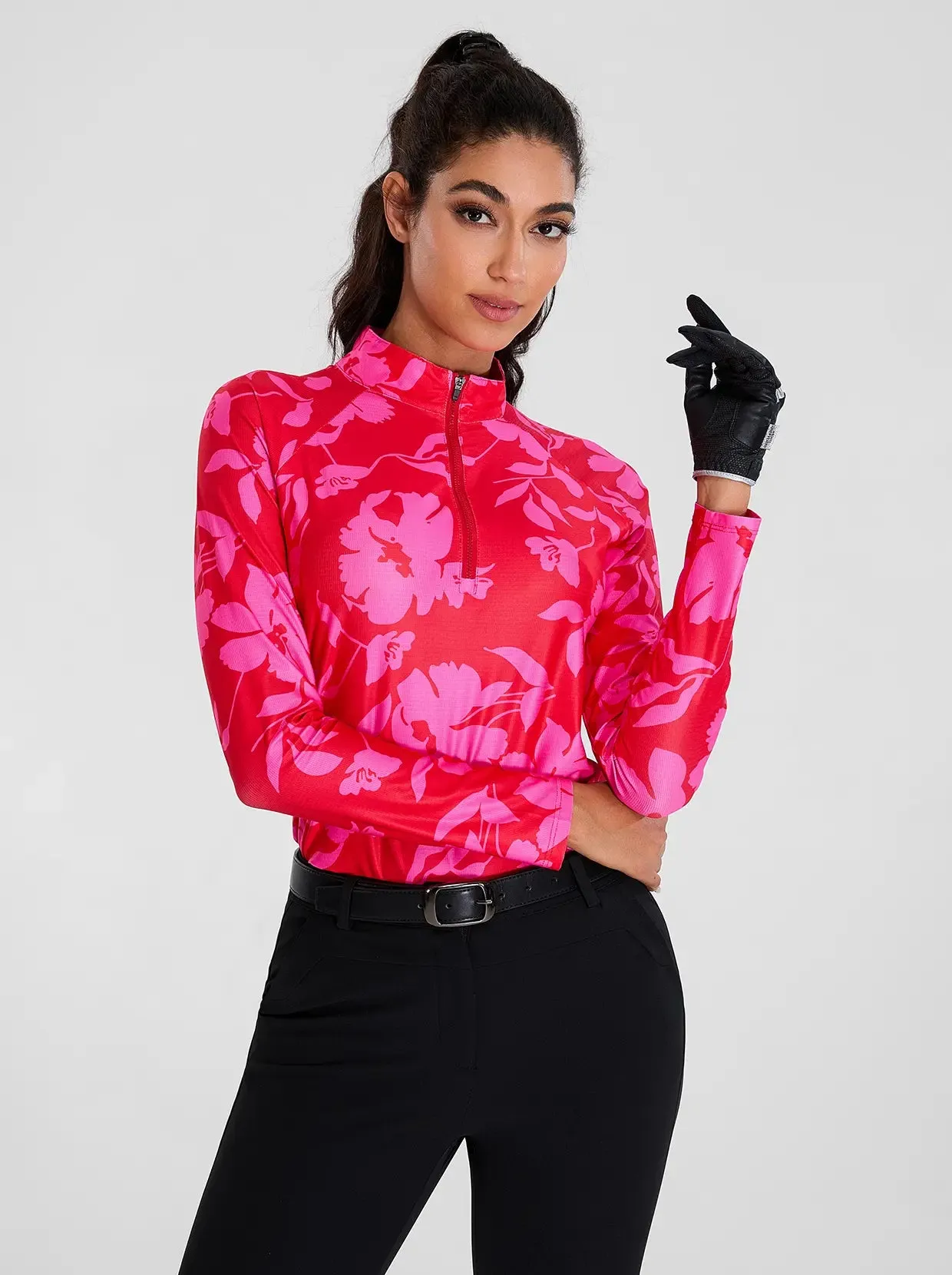 Pink Floral Quarter-zip Long-sleeve Shirt for Women