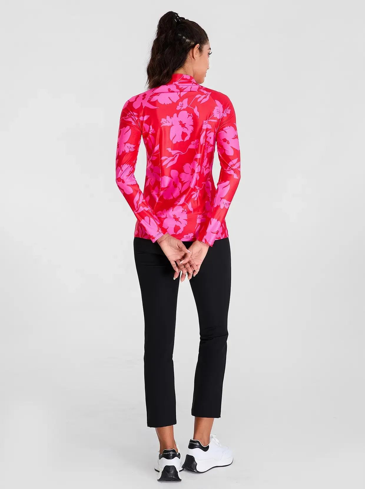 Pink Floral Quarter-zip Long-sleeve Shirt for Women