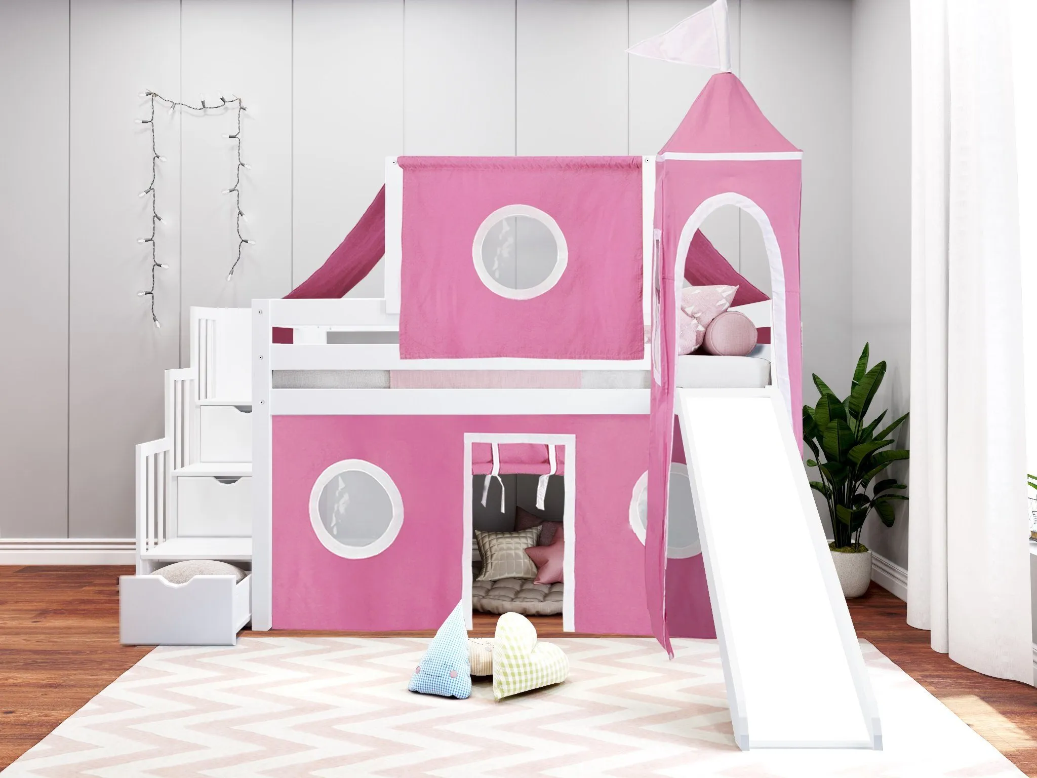 Princess Twin Loft Bed WHITE, Stairs Slide Pink White Tent