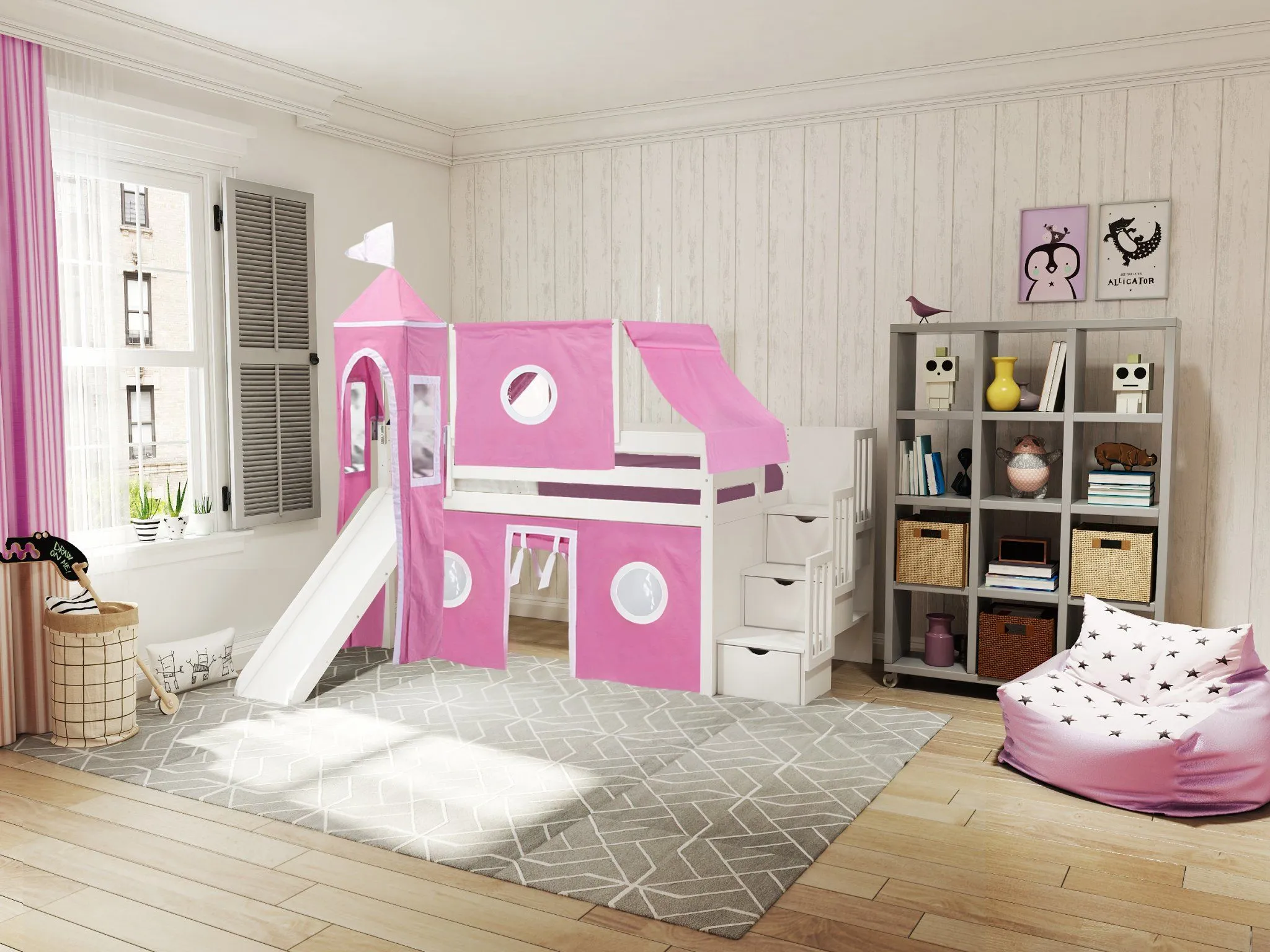 Princess Twin Loft Bed WHITE, Stairs Slide Pink White Tent