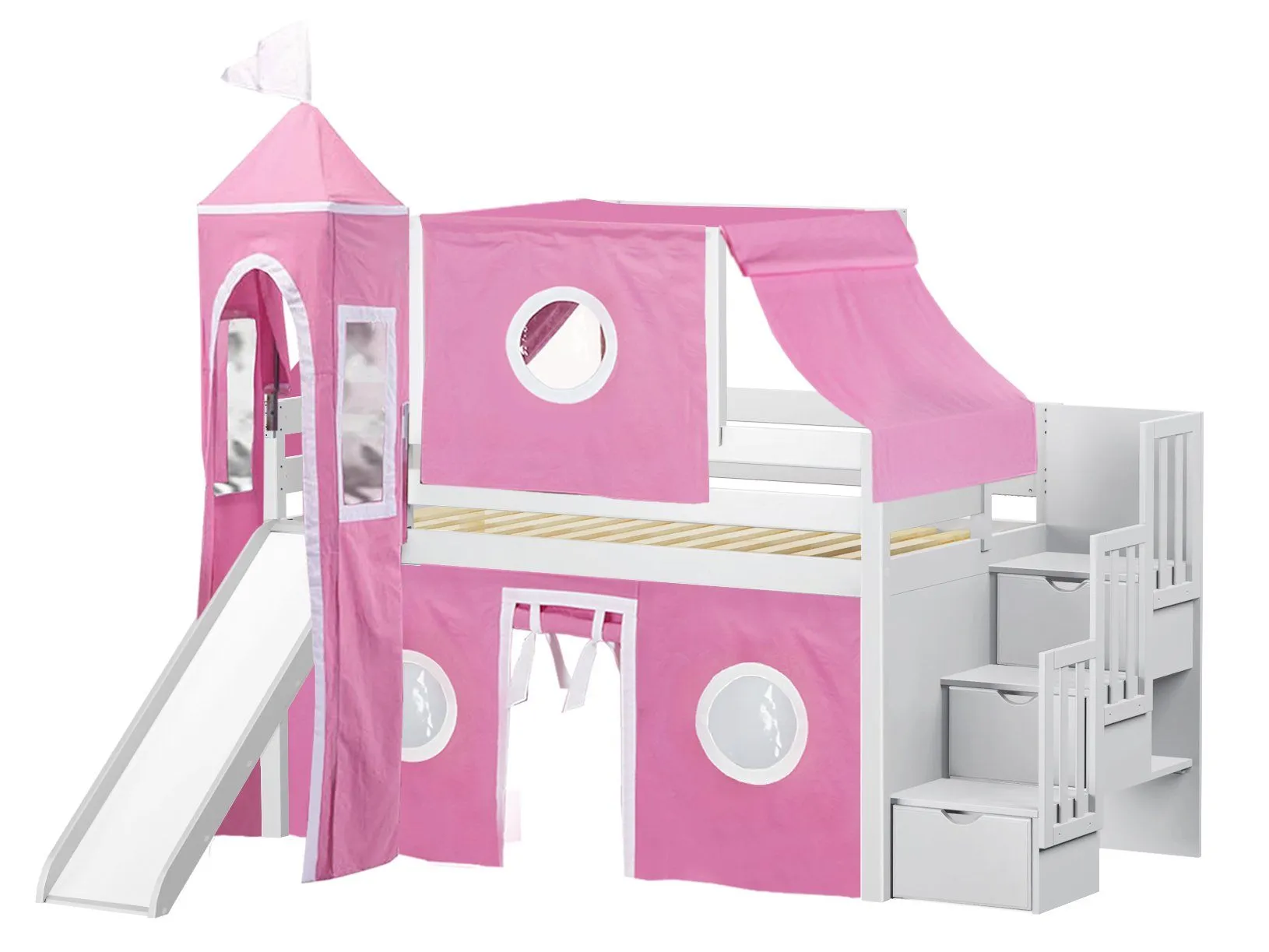 Princess Twin Loft Bed WHITE, Stairs Slide Pink White Tent
