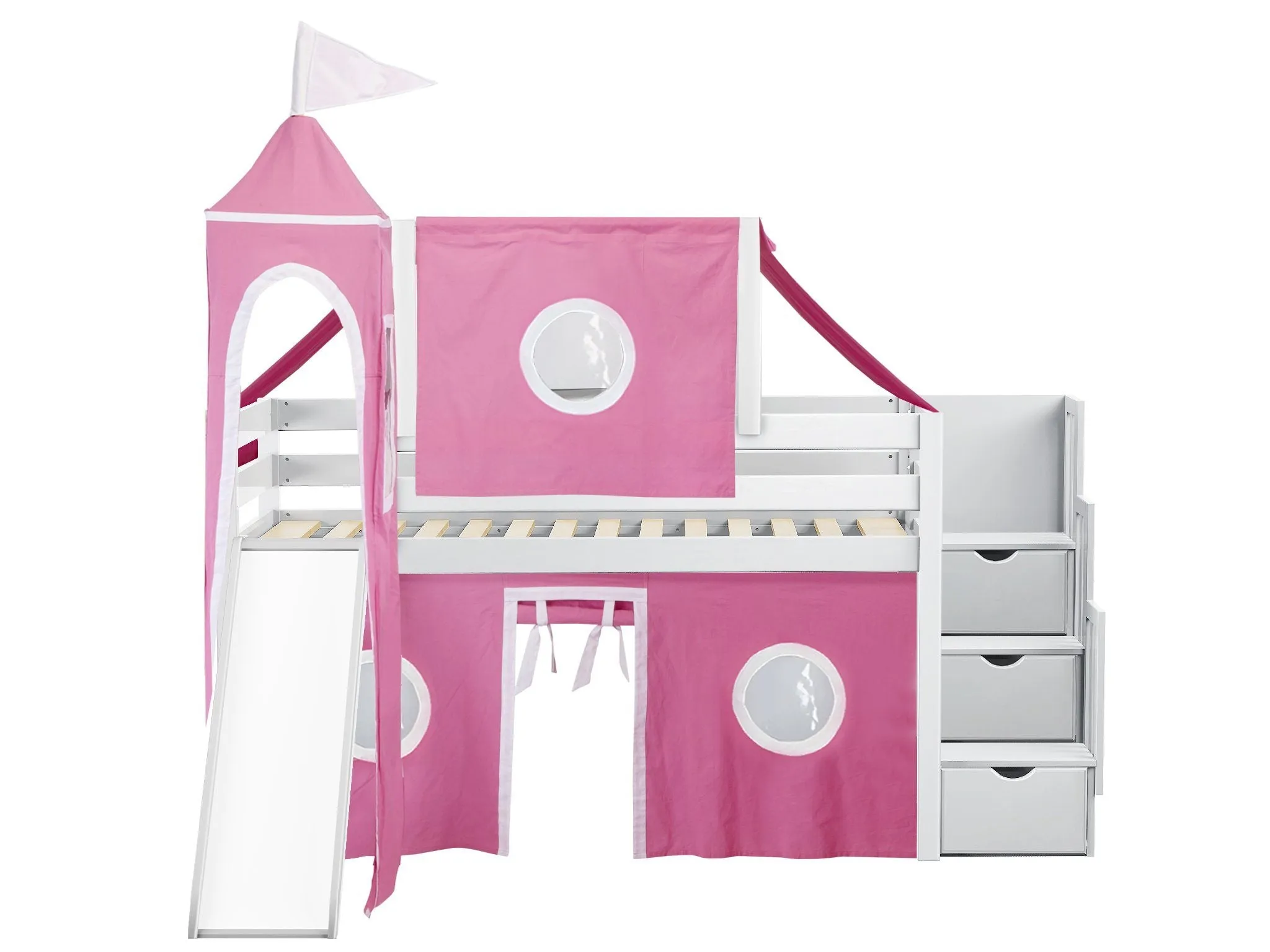 Princess Twin Loft Bed WHITE, Stairs Slide Pink White Tent