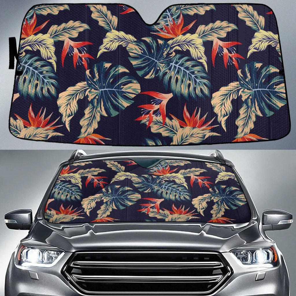 Red Bird Of Paradise Flower Under Massangeana Leaf Navy Car Sun Shades Cover Auto Windshield Coolspod