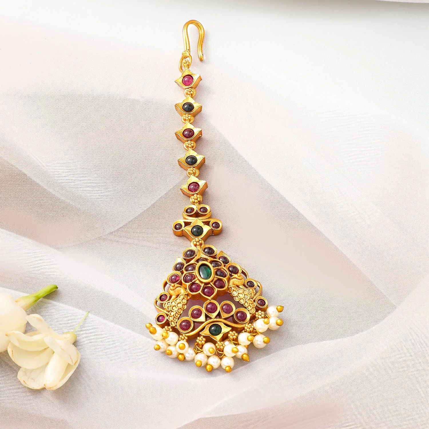 Rubans 24K Gold-Plated Ruby & Emerald Maang Tikka with Pearl Beads for Bridal Elegance