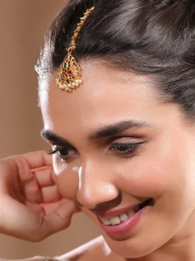 Rubans 24K Gold-Plated Ruby & Emerald Maang Tikka with Pearl Beads for Bridal Elegance