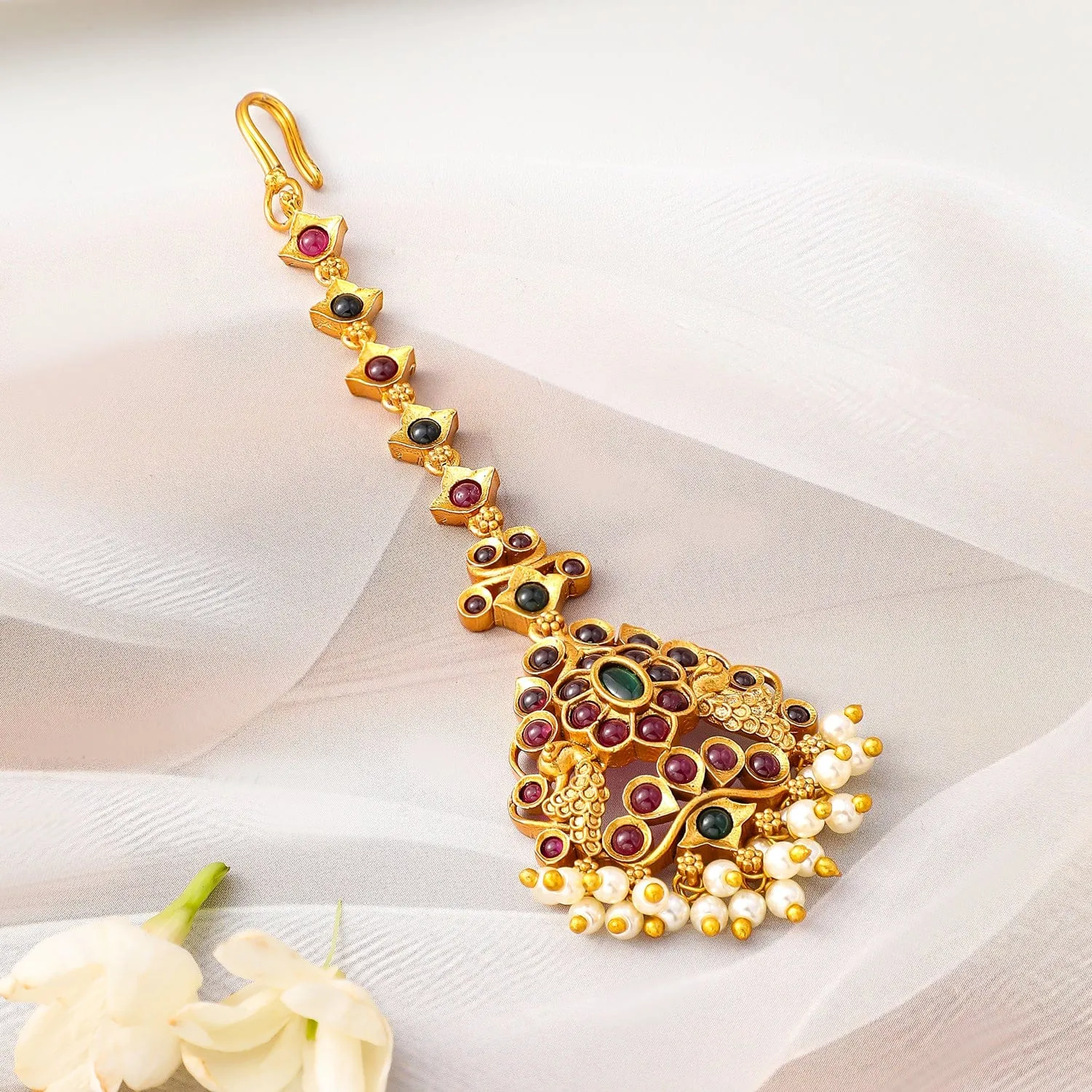 Rubans 24K Gold-Plated Ruby & Emerald Maang Tikka with Pearl Beads for Bridal Elegance