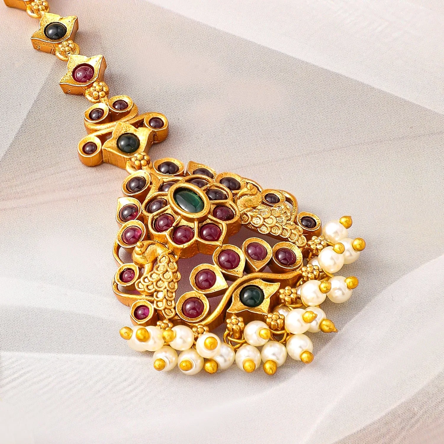 Rubans 24K Gold-Plated Ruby & Emerald Maang Tikka with Pearl Beads for Bridal Elegance
