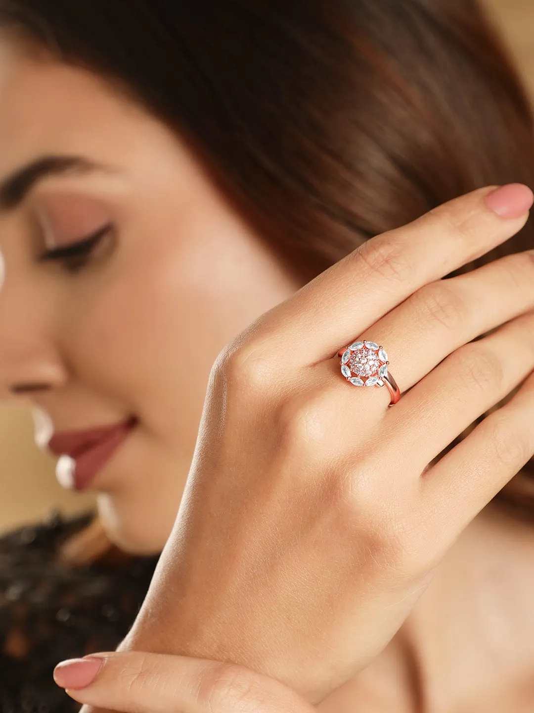 Rubans Gilded Glamour Rose Gold-Plated Cubic Zirconia-Stone Studded Adjustable Finger Ring