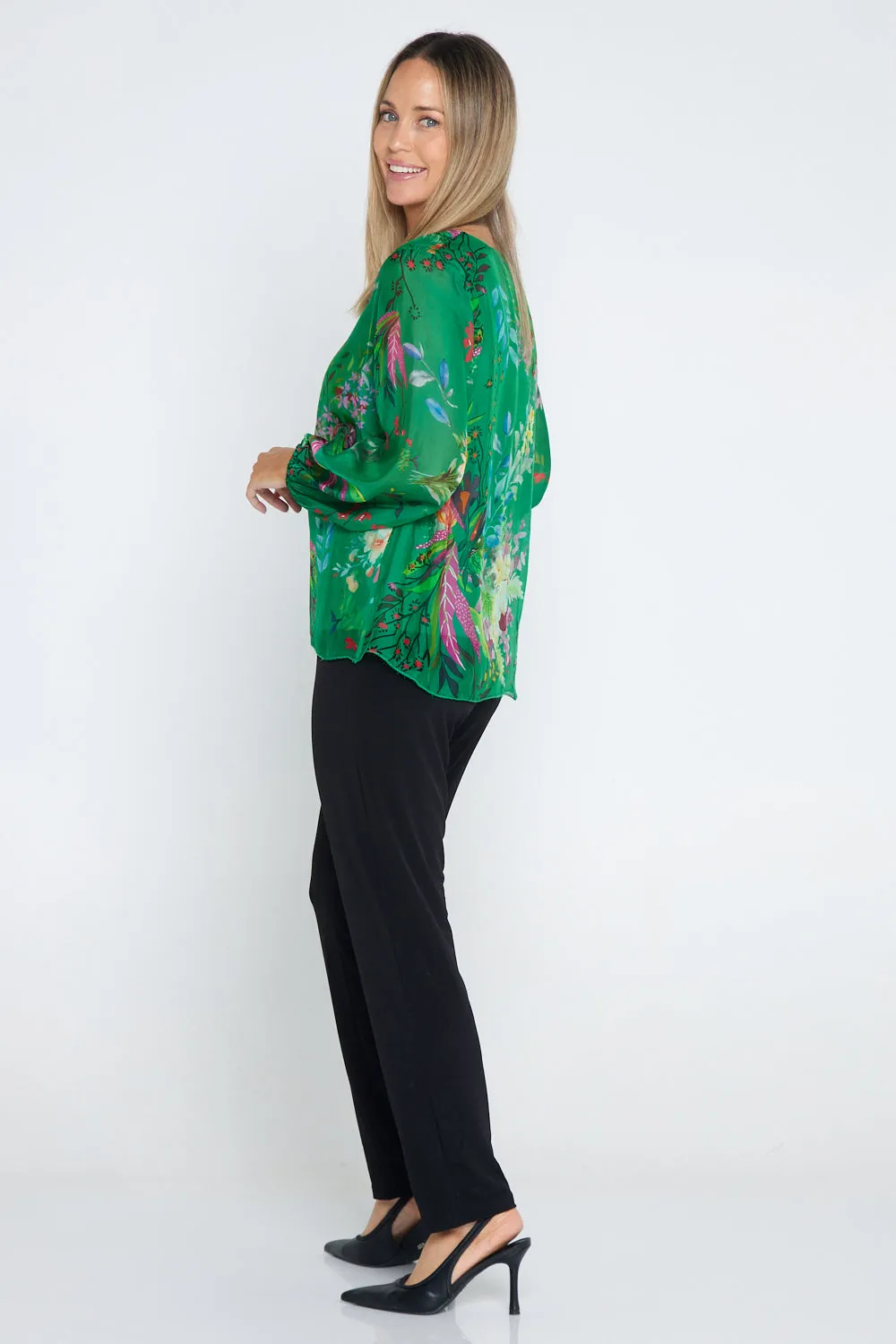 Sierra Long Sleeve Silk Top -  Emerald Botanical