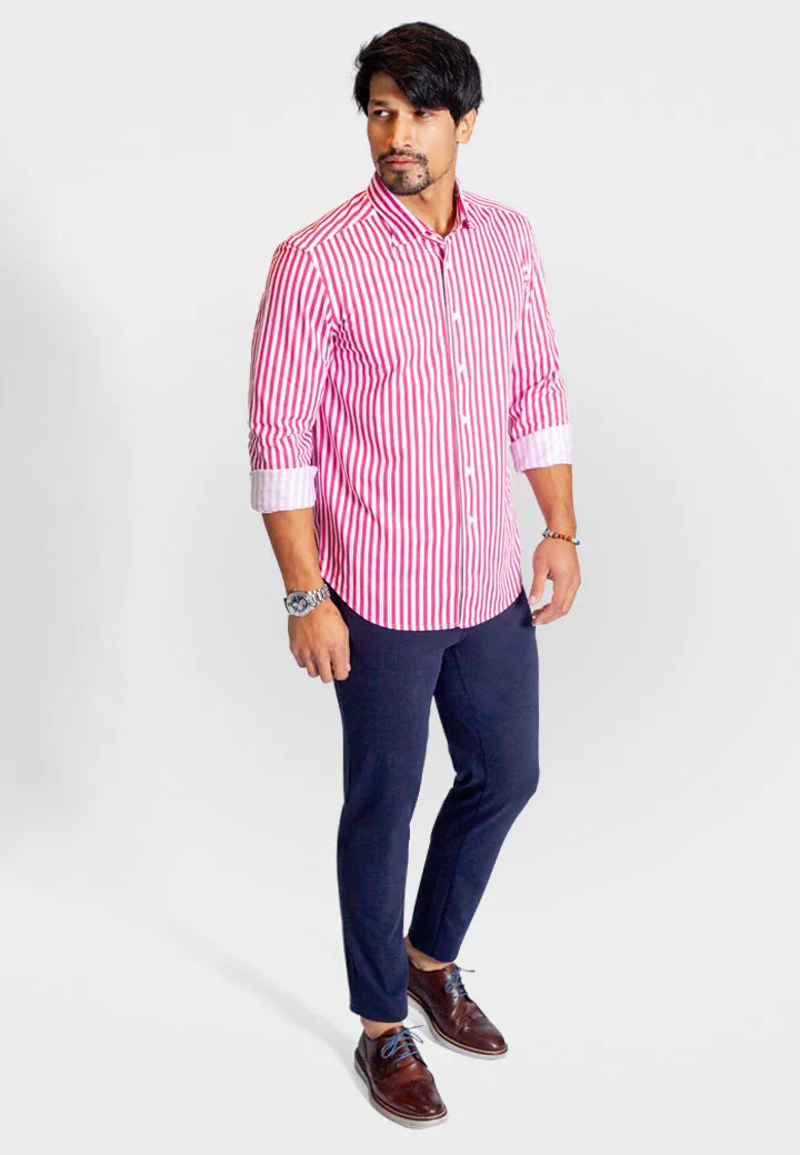 The Go Big Stripe Long Sleeve Tech Shirt - Coral Gable