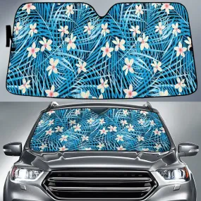 White Plumeria Flower Blue Coconut Palm Leave Summer Vibe Car Sun Shades Cover Auto Windshield Coolspod