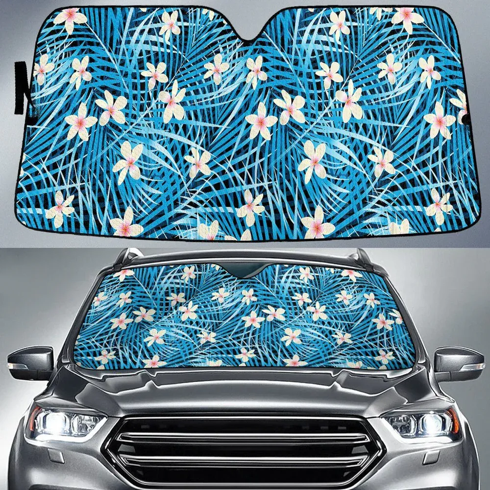 White Plumeria Flower Blue Coconut Palm Leave Summer Vibe Car Sun Shades Cover Auto Windshield Coolspod